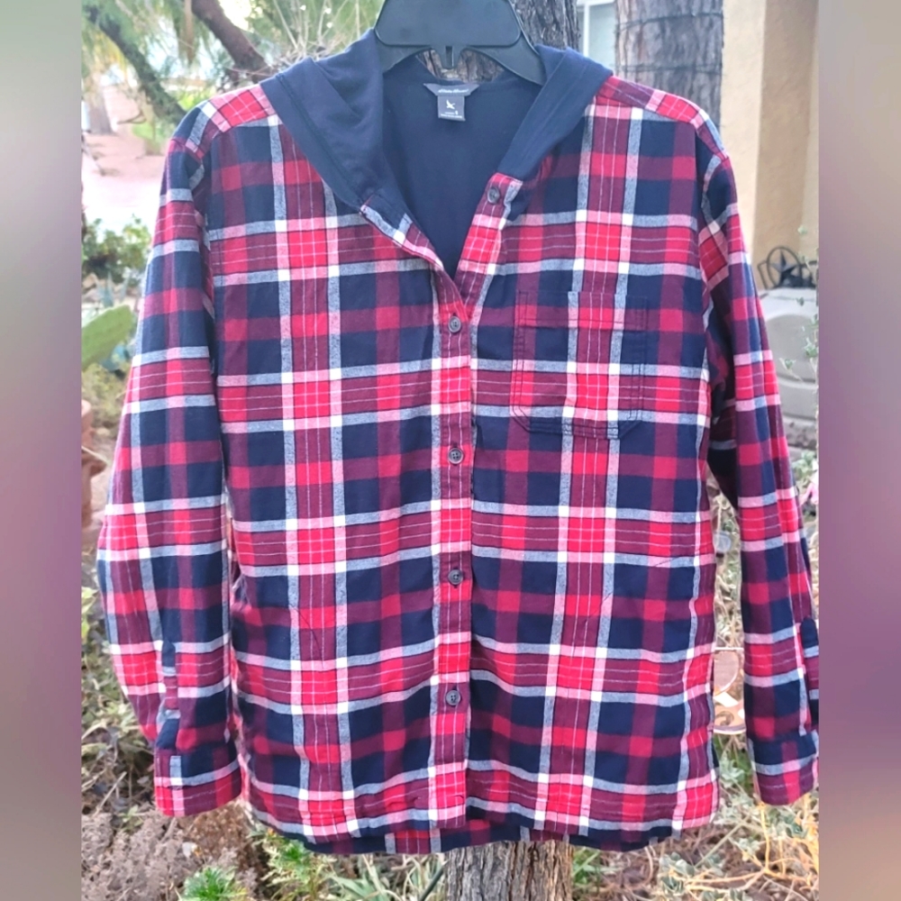 EDDIE BAUER 100% COTTON LINED BUTTON UP HOODIE JACKET SHIRT 3 POCKETS WOMENS SM - Picture 1 of 13